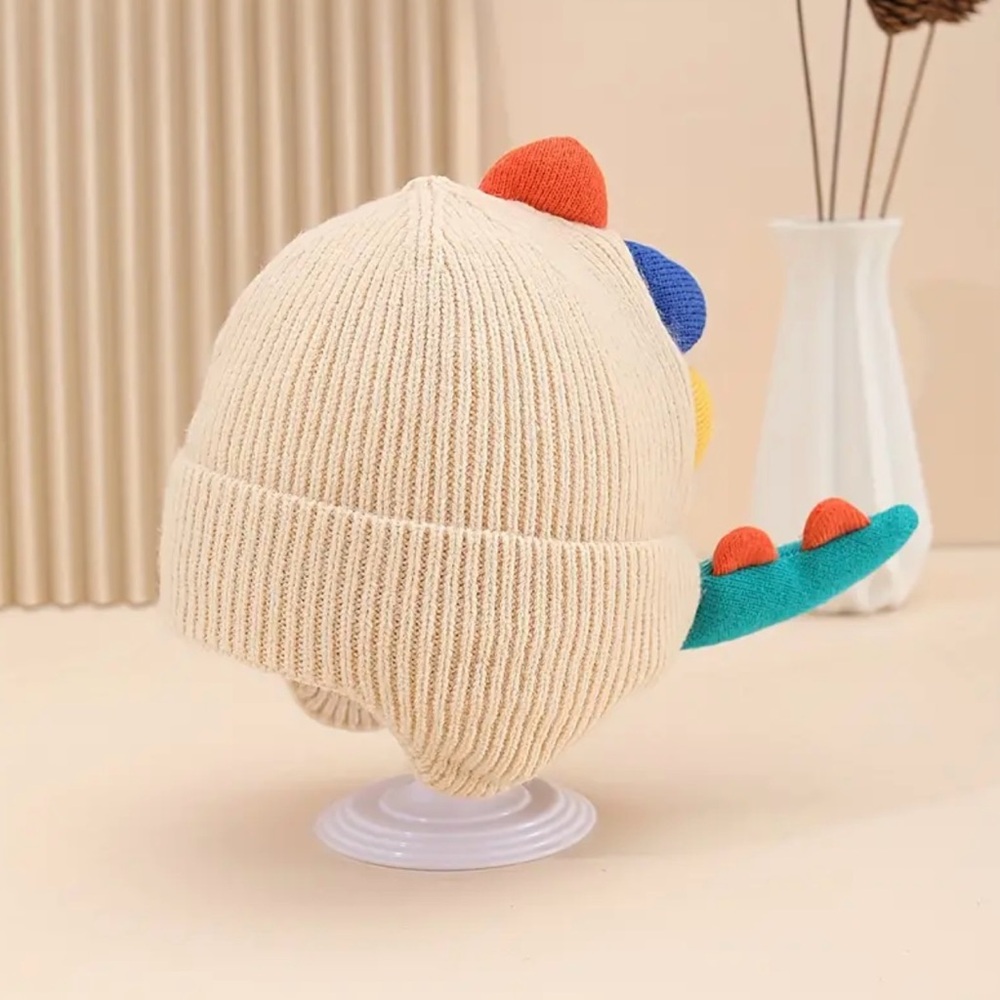 🦕 Kids Dinosaur Tail Knitted Ear Flap Beanie Double Layered Ear Protection Hat - Picture 7 of 9